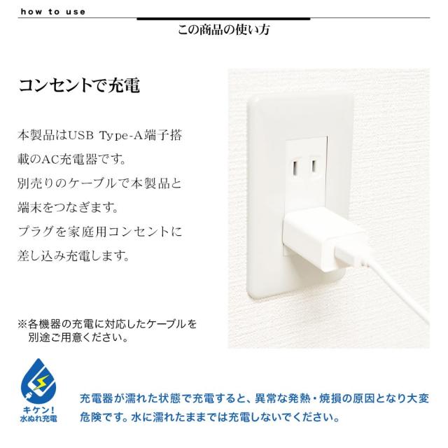タイプA 1A AC充電器 詳細