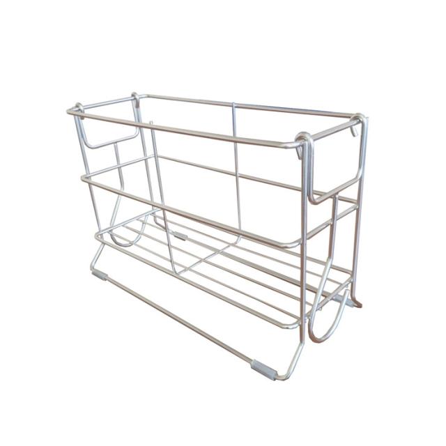 フック掛けと床置きの2WAYで使用できるステンレスバスラック