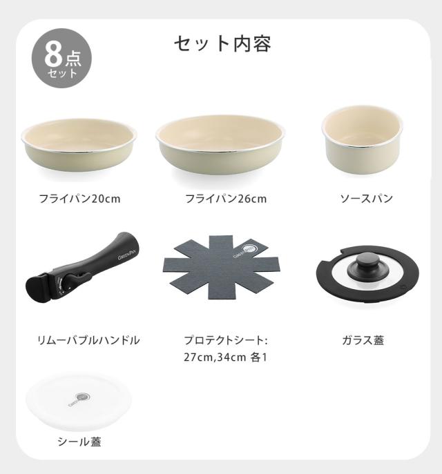 フライパン20cm,フライパン26cm,ソースパン,シール蓋,プロテクトシート,リムーバブルハンドル,ガラス蓋16cm
