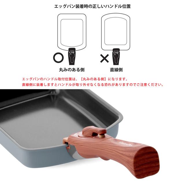エッグパンのハンドルは丸みのある側に取り付けてください