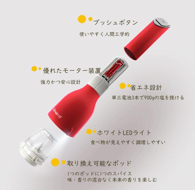 挽いたスパイスを確認しながら使えるLEDライト付き