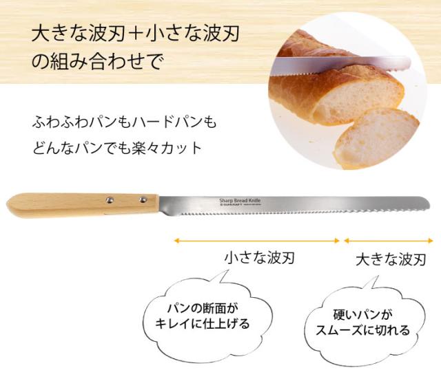 大きな波刃＋小さな波刃の組み合わせでふわふわ食パンもハードパンも楽々カットできるブレッドナイフ