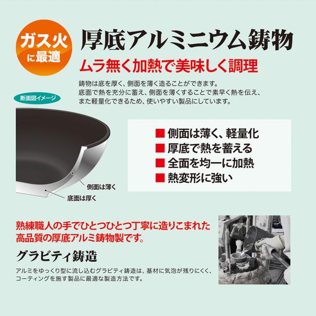 熟練職人の手でひとつひとつアルミを型に流し込んで作る「アルミキャスト」製のフライパン