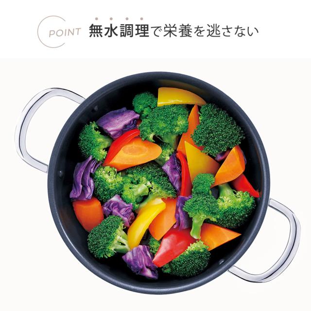付属のフタを使って野菜の持つ水分だけを使った無水調理が可能