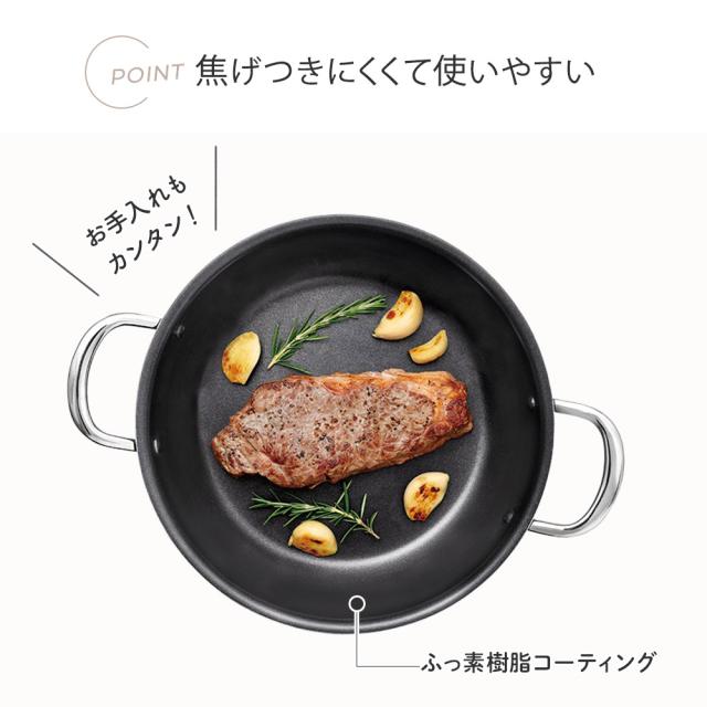 内側のコーティングが焦げつきやこびりつきを防ぎます