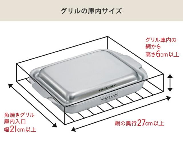 幅21cm、奥行き27cm、網からの高さ6cm以上の魚焼きグリルに対応