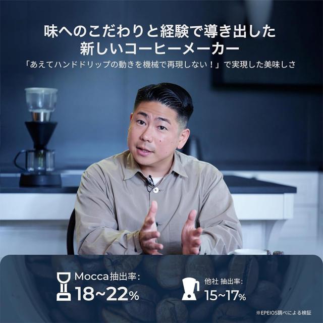 ハンドドリップを再現せずに、コーヒー粉とお湯が均一に触れ合えるシャワーヘッドを採用