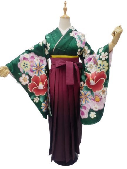 【期間限定割引】往復送料無料 全部揃って安心 レンタル 小学生 大学生 卒業式 袴 レンタル 袴 卒業式袴セット 小学生 袴女児 女の子 小学生 袴 セット 小学生 卒業式 袴 レンタル 女の子 小学校 卒業式 着物 緑地 椿 柄No.K-340