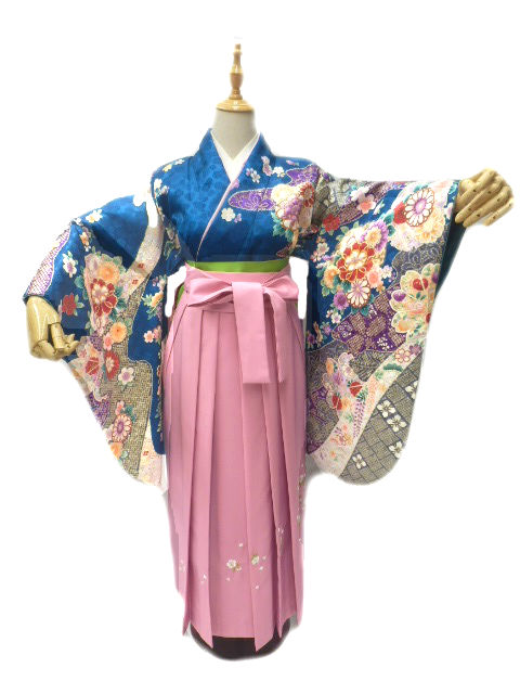 【期間限定割引】往復送料無料 全部揃って安心 レンタル 小学生 大学生 卒業式 袴 レンタル 袴 卒業式袴セット 小学生 袴女児 女の子 小学生 袴 セット 小学生 卒業式 袴 レンタル 女の子 小学校 卒業式 着物 インクブルー地 花 柄No.313