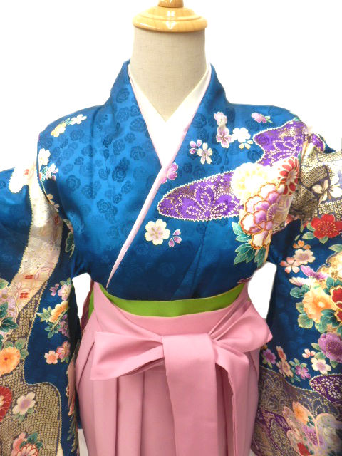 【期間限定割引】往復送料無料 全部揃って安心 レンタル 小学生 大学生 卒業式 袴 レンタル 袴 卒業式袴セット 小学生 袴女児 女の子 小学生 袴 セット 小学生 卒業式 袴 レンタル 女の子 小学校 卒業式 着物 インクブルー地 花 柄No.313