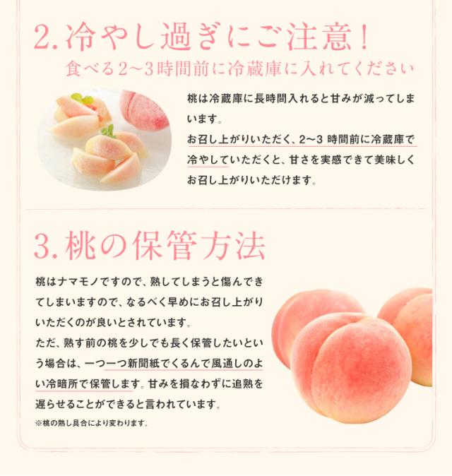 2.冷やし過ぎにご注意! | 食べる2〜3時間前に冷蔵庫に入れてください 桃は冷蔵庫に長時間入れると甘みが減ってしまいます。お召し上がりいただく、2〜3時間前に冷蔵庫で冷やしていただくと、甘さを実感できて美味しくお召し上がりいただけます。 | 3.桃の保管方法 | 桃はナマモノですので、熟してしまうと傷んできてしまいますので、なるべく早めにお召し上がりいただくのが良いとされています。ただ、熟す前の桃を少しでも長く保管するしたいという場合は、一つ一つ新聞紙でくるんで風通しのよい冷暗所で保管します。甘みを損なわずに追熟を遅らせることができると言われています。※桃の熟し具合により変わります。