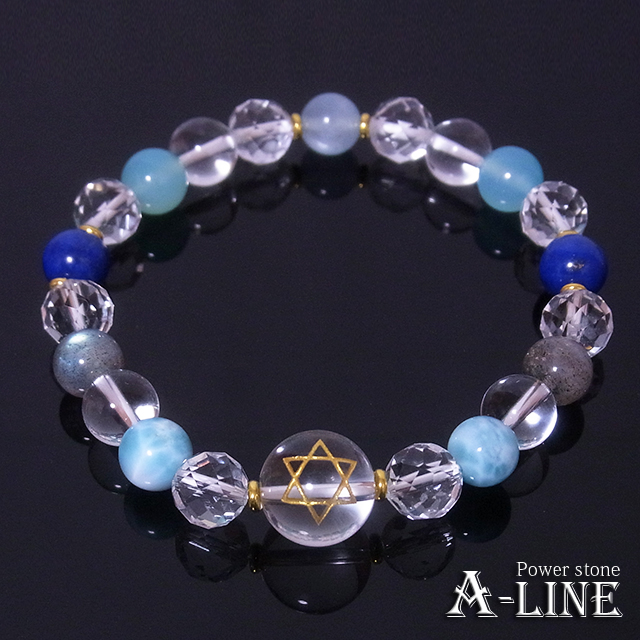 パワーストーン ブレスレット 六芒星金彫り水晶12mm ラリマー
