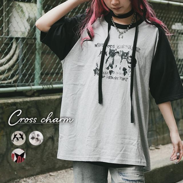 猫ミーム キャット Y2K ロゴ グラフィック ルーズ ラグラン Tシャツ