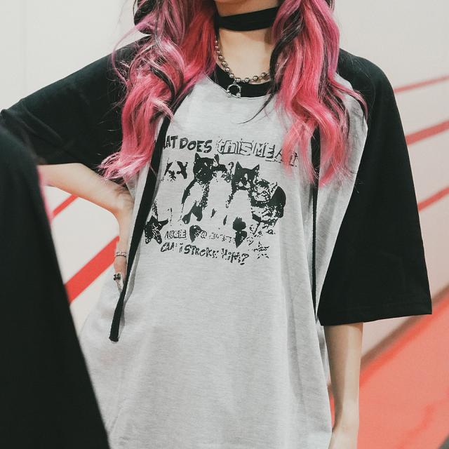 猫ミーム キャット Y2K ロゴ グラフィック ルーズ ラグラン Tシャツ