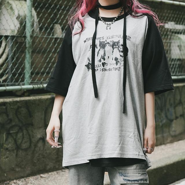 猫ミーム キャット Y2K ロゴ グラフィック ルーズ ラグラン Tシャツ