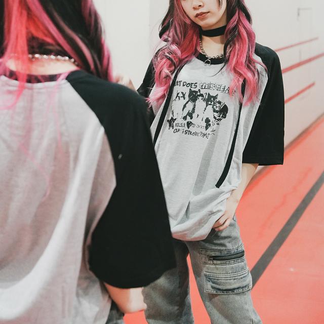 猫ミーム キャット Y2K ロゴ グラフィック ルーズ ラグラン Tシャツ