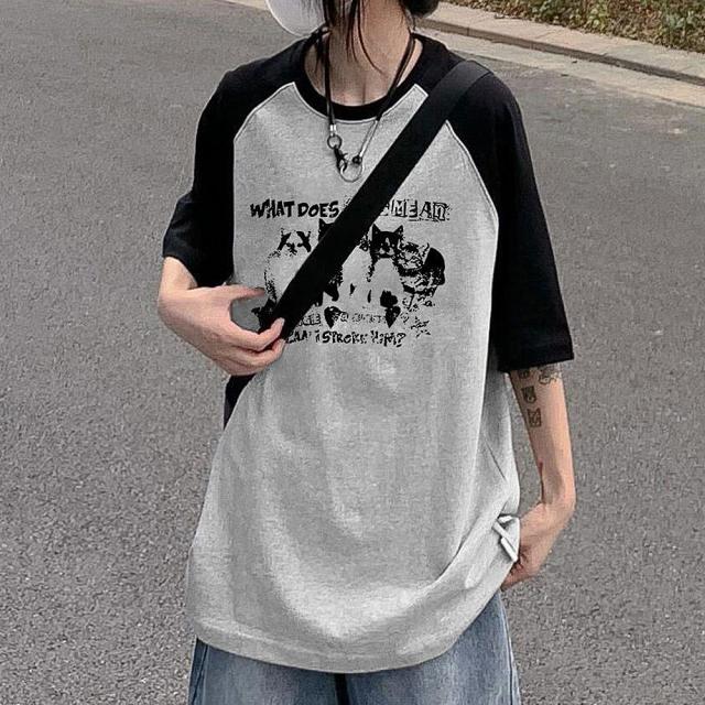 猫ミーム キャット Y2K ロゴ グラフィック ルーズ ラグラン Tシャツ