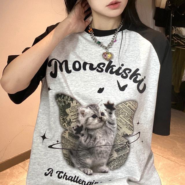 猫ミーム キャット Y2K ロゴ グラフィック ルーズ ラグラン Tシャツ