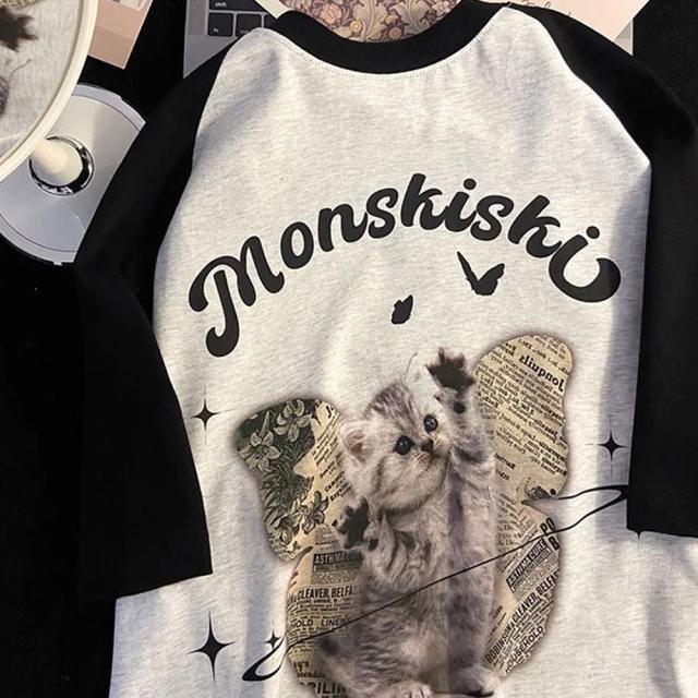 猫ミーム キャット Y2K ロゴ グラフィック ルーズ ラグラン Tシャツ