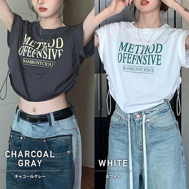 ロゴ Y2K クロップド ショート丈 ドロースト ヴィンテージライク 古着風 ストリート 半袖 Tシャツ