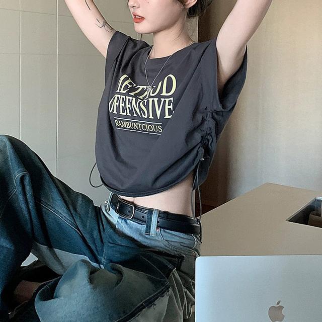 ロゴ Y2K クロップド ショート丈 ドロースト ヴィンテージライク 古着風 ストリート 半袖 Tシャツ