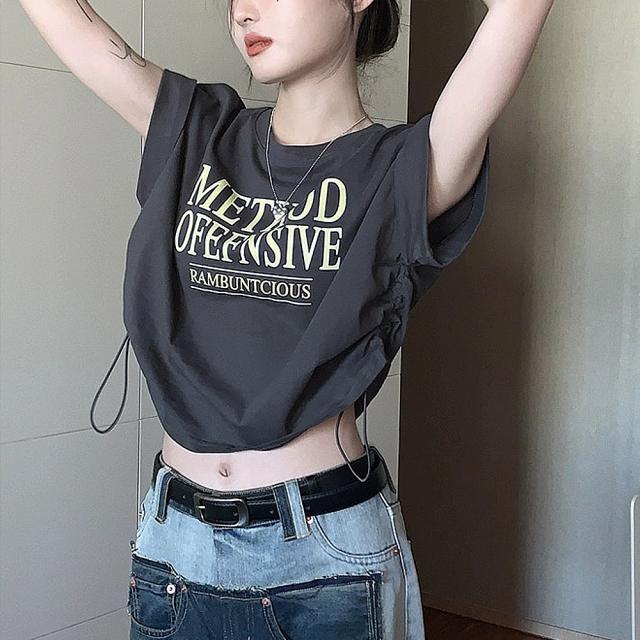 ロゴ Y2K クロップド ショート丈 ドロースト ヴィンテージライク 古着風 ストリート 半袖 Tシャツ