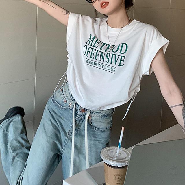 ロゴ Y2K クロップド ショート丈 ドロースト ヴィンテージライク 古着風 ストリート 半袖 Tシャツ