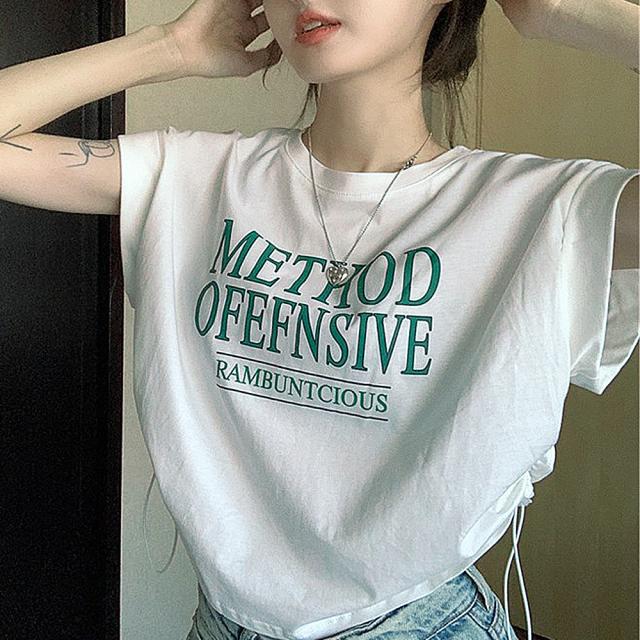 ロゴ Y2K クロップド ショート丈 ドロースト ヴィンテージライク 古着風 ストリート 半袖 Tシャツ