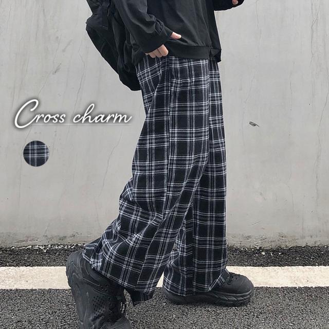 チェック ハイウエスト ワイド ストレート Y2K ストリート ルーズ パンツ