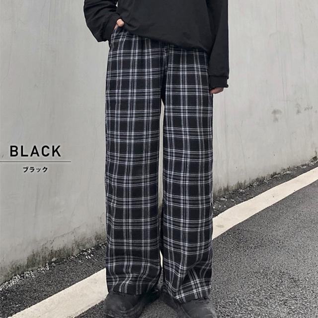 チェック ハイウエスト ワイド ストレート Y2K ストリート ルーズ パンツ