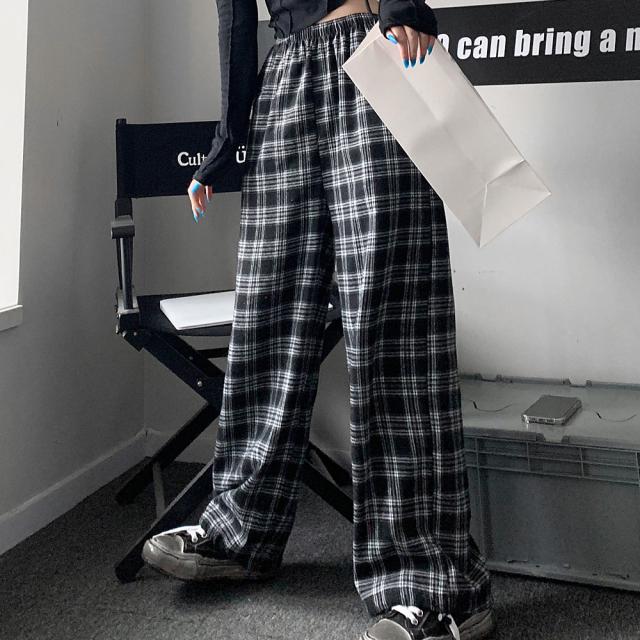 チェック ハイウエスト ワイド ストレート Y2K ストリート ルーズ パンツ