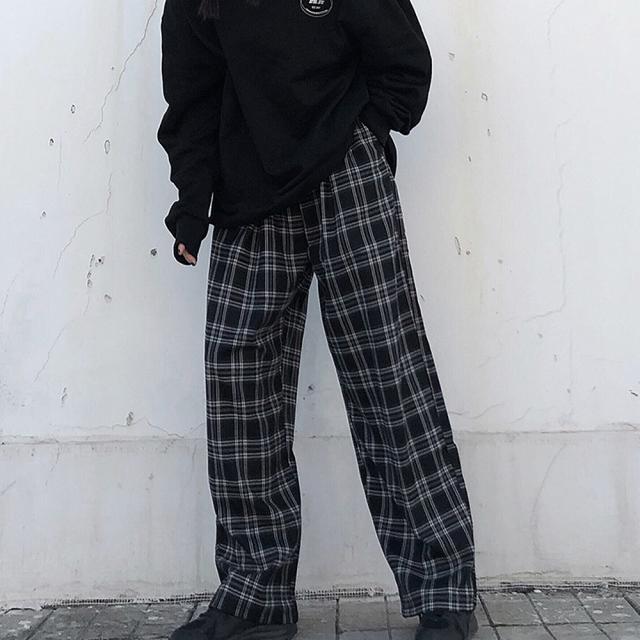 チェック ハイウエスト ワイド ストレート Y2K ストリート ルーズ パンツ