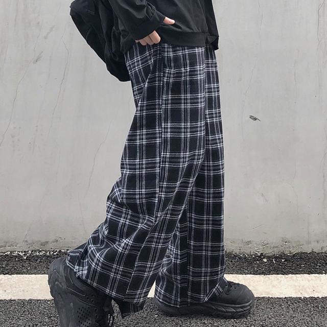 チェック ハイウエスト ワイド ストレート Y2K ストリート ルーズ パンツ
