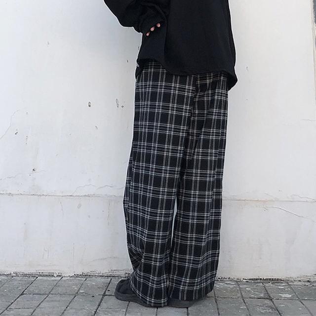 チェック ハイウエスト ワイド ストレート Y2K ストリート ルーズ パンツ