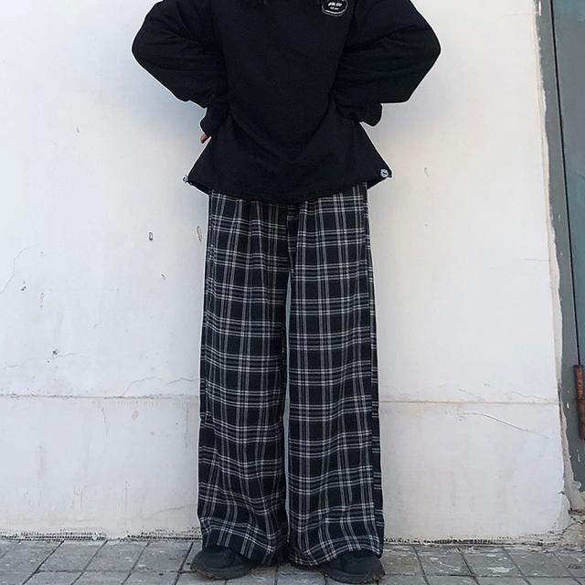 チェック ハイウエスト ワイド ストレート Y2K ストリート ルーズ パンツ