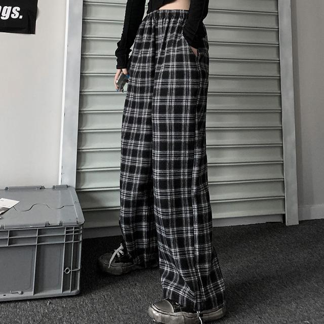 チェック ハイウエスト ワイド ストレート Y2K ストリート ルーズ パンツ