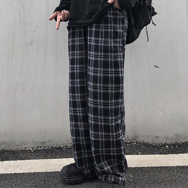 チェック ハイウエスト ワイド ストレート Y2K ストリート ルーズ パンツ