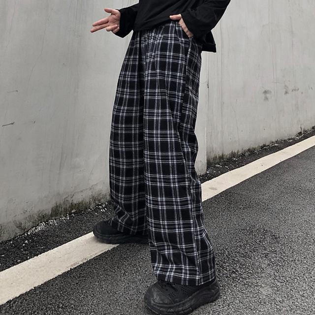チェック ハイウエスト ワイド ストレート Y2K ストリート ルーズ パンツ