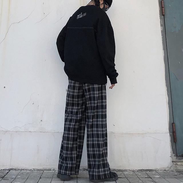 チェック ハイウエスト ワイド ストレート Y2K ストリート ルーズ パンツ
