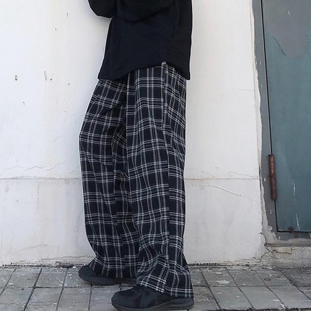 チェック ハイウエスト ワイド ストレート Y2K ストリート ルーズ パンツ