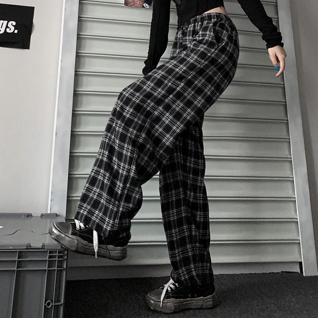 チェック ハイウエスト ワイド ストレート Y2K ストリート ルーズ パンツ