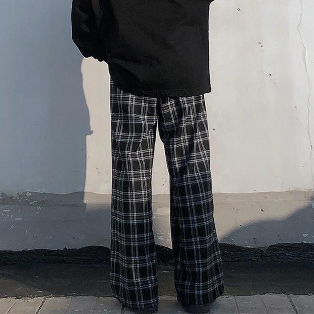 チェック ハイウエスト ワイド ストレート Y2K ストリート ルーズ パンツ