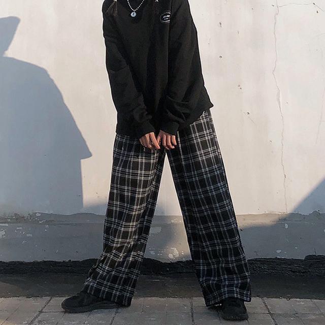 チェック ハイウエスト ワイド ストレート Y2K ストリート ルーズ パンツ