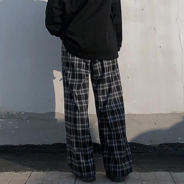 チェック ハイウエスト ワイド ストレート Y2K ストリート ルーズ パンツ