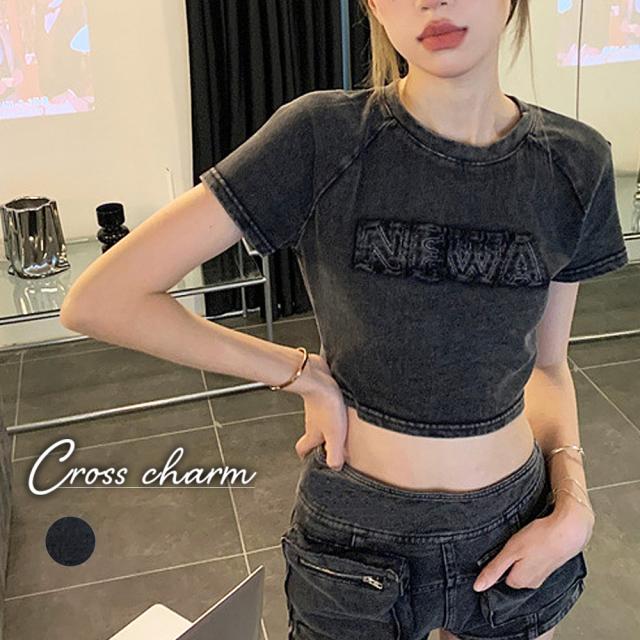 ピグメント ヴィンテージライク 古着風 ロゴ クロップド ショート丈 半袖 Tシャツ