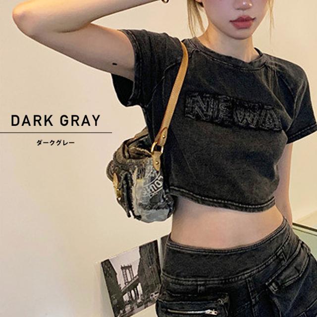 ピグメント ヴィンテージライク 古着風 ロゴ クロップド ショート丈 半袖 Tシャツ