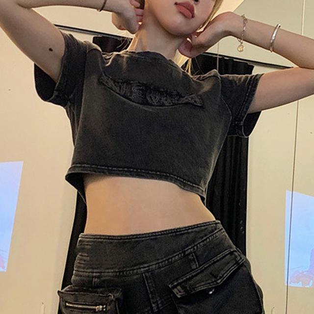 ピグメント ヴィンテージライク 古着風 ロゴ クロップド ショート丈 半袖 Tシャツ