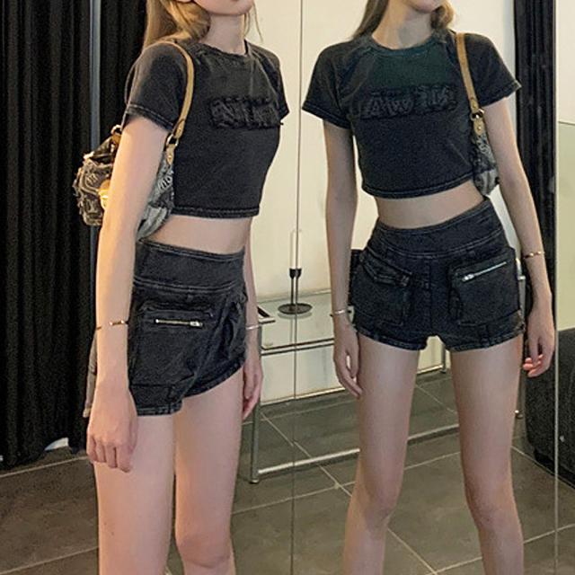 ピグメント ヴィンテージライク 古着風 ロゴ クロップド ショート丈 半袖 Tシャツ