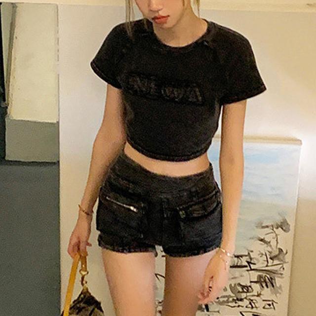 ピグメント ヴィンテージライク 古着風 ロゴ クロップド ショート丈 半袖 Tシャツ