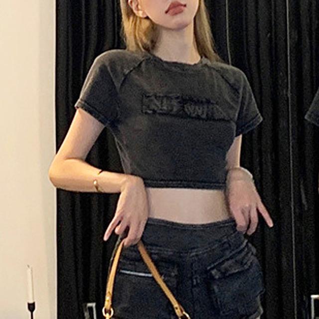 ピグメント ヴィンテージライク 古着風 ロゴ クロップド ショート丈 半袖 Tシャツ